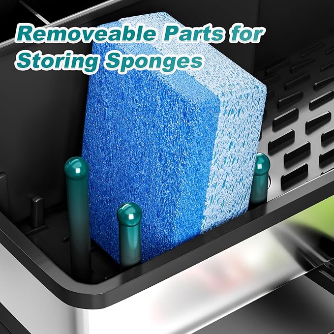 Stainless Steel Sink Caddy, Sponge Holder for Kitchen Sink with Brush Holder & Dishcloth Rack, Rustproof Sink Organizer Countertop, Soap Dispenser Kitchen Organizers Storage Essentials, Black