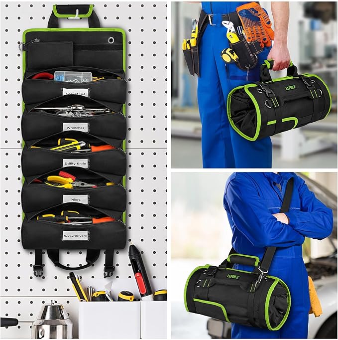 Tool Bag,Large Roll Up Tool Bag Organizer,13 Pockets Tool Roll Storage Pouch,Heavy Duty Portable Tool Storage Carrier Bag for Men,Mechanic,Electrician & Hobbyist,Black/Green