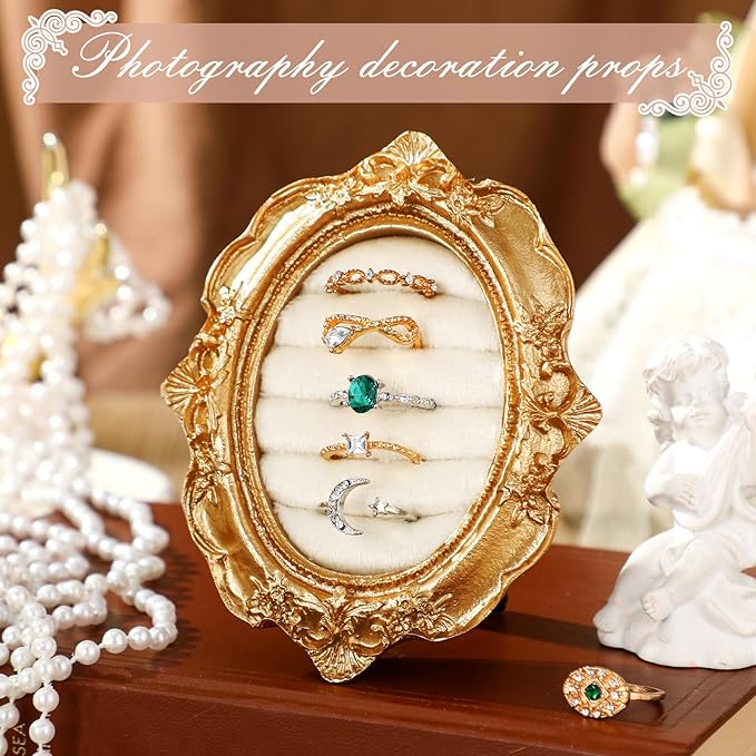 Vintage Ring Holder Oval Gold Ring Wedding Display Suede Jewelry Box Stand Frame Earring Tray Anniversary Engagement Baroque Organizer Photograph Prop for Women Birthday Christmas Gift