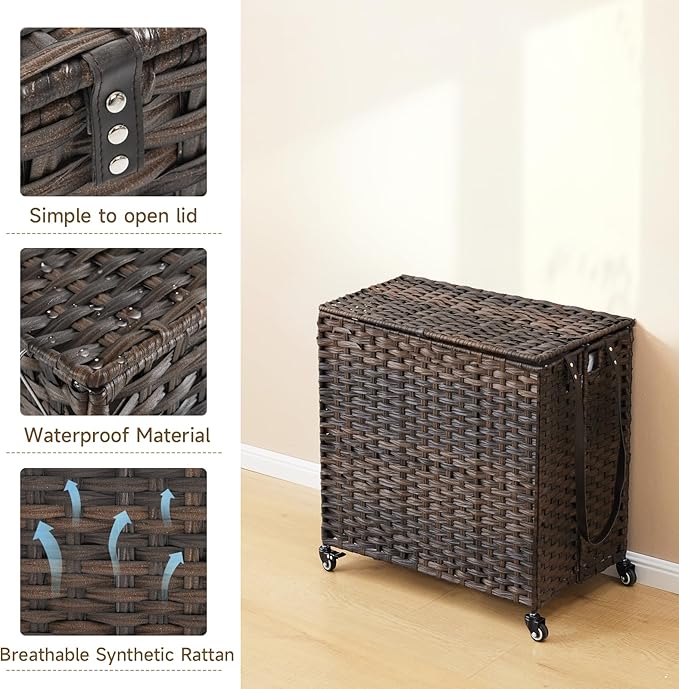 Laundry Hamper with Wheels, 34.3 Gallon(130L) Rolling Laundry Basket with Lid, Removable Large 2 Color Liners & 3 Mesh Laundry Bags, Clothes Hamper with Side Pocket, Brown