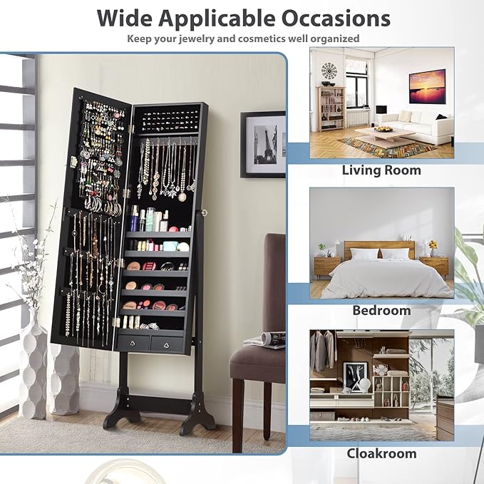COSTWAY Standing Jewelry Armoire Cabinet, 4-Angle Tilting Jewelry Organizer with Full-Length Mirror and Large Storage Capacity, Lockable Jewelry Cabinet for Bedroom, Dressing Room (Black)