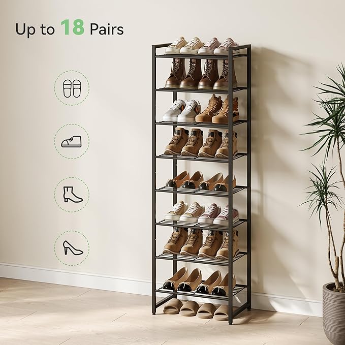 Narrow Shoe Rack, 8-Tier Metal Shoe Organizer,Tall Shoe Shelf with Anti-Tip Strap, Max Holds 18 Pairs,Space Saving for Closet,Entryway,Black