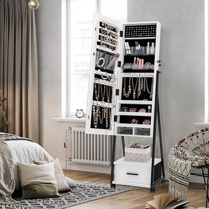 CHARMAID Rolling Jewelry Cabinet with Full Length Mirror, Lockable Standing Jewelry Armoire with Wheels, Steel Legs, Lipstick Brush Storage, Jewelry Organizer Box with Drawers (White)
