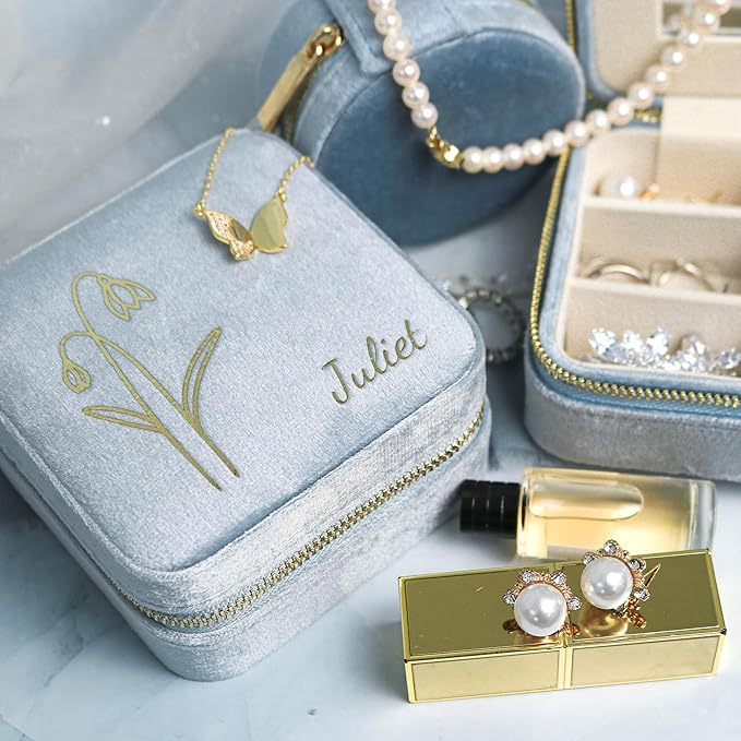 Customizable Compact Velvet Jewelry Box with Mirror, Travel Jewelry Case, Travel Jewelry Organizer, Jewelry Box for Women and Girls, Small Jewelry Organizer (Flower Design, Powder Blue)