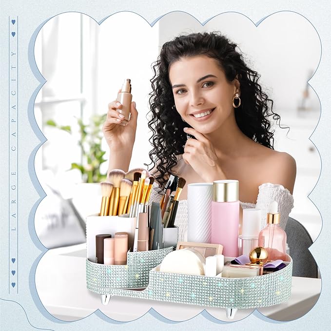 Teen Girls Women Gift 360 Rotating Bling Makeup Organizer Large Rhinestone Diamond Bathroom Organizer Girly Skin Care Brush Holder for Countertop,Bathroom Essentials (Silver,Rhinestone)