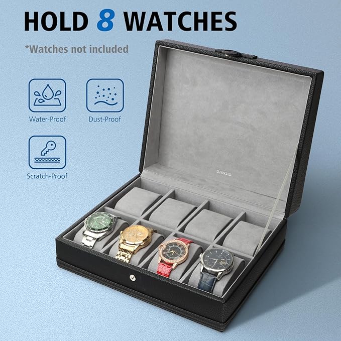 SANZIE 8-Slot Watch Box for Mens Watch Case with Removable Watch Pillows, Watch Holder Organizer Watch Storage with Grey Lining & Black Synthetic Leather (Black)
