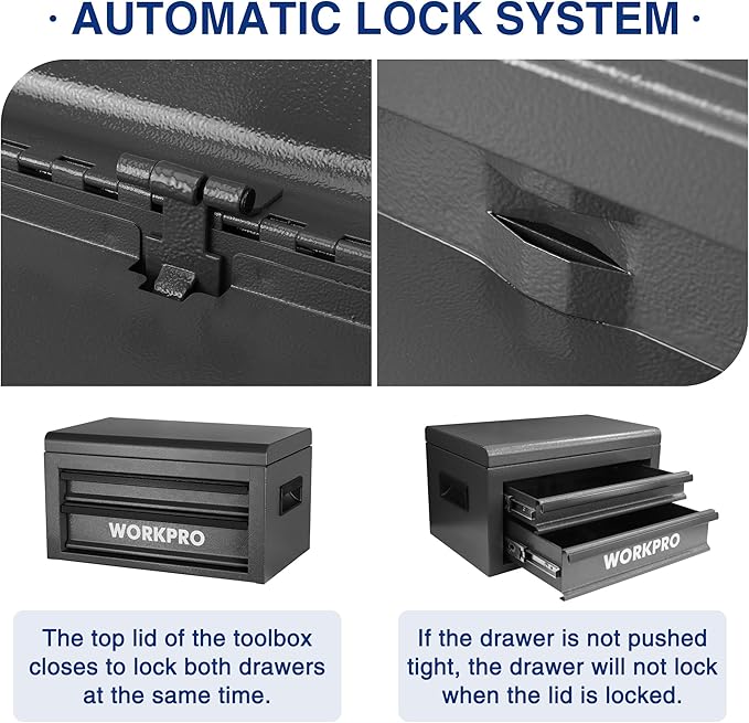 WORKPRO 15 Inch Metal Tool Box with 2 Drawers & 1 Top Storage, Heavy Duty Portable Tool Box with Handle for Garage, Office and Home, Up To 85 LBS Load Capacity