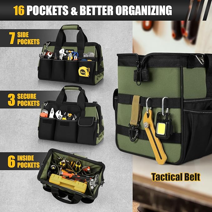 Heavy Duty Tool Bag 15-Inch, 16-Pocket Portable Empty Tool Box Organizer, Big Storage Toolbox Organization, Soft Handle Large Zipper Carrying Toolbag, Valentines Day Gifts for Him Dad Men, Green