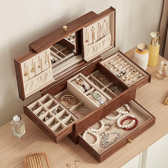 CHOSIN Black Walnut Wooden Jewelry Box for Women, 3 Level Multi-functional Drawer Organizer Box Watch Necklace Ring Earring Storage Valentine's Day Gift