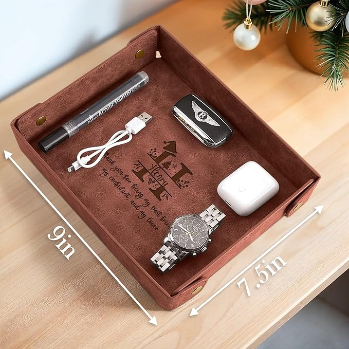 Engraved Christmas Light Coffee Leather Valet Tray – Personalized Rectangle Catchall Organizer for Wallet, Keys & Jewelry – Gift for Men, Dad, Couples – Dresser Top or Coffee Table Decor