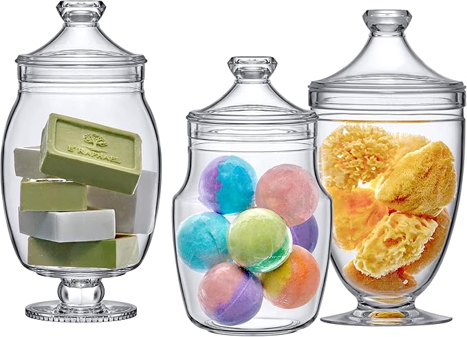 Amazing Abby - Keep - Acrylic Apothecary Jars (3-Piece Set, 52/50/46 oz) (NOT Glass), Plastic Jars with Lids, Bathroom Canisters, Candy Buffet, Wedding Display, BPA-Free and Shatter-Proof