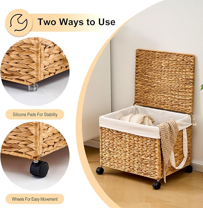 Laundry Hamper with Lid, Large Capacity Woven Natural Water Hyacinth Laundry Sorter with Removable Liners, Rolling or Non-Slip Design for Bedroom (Natural, 60L)