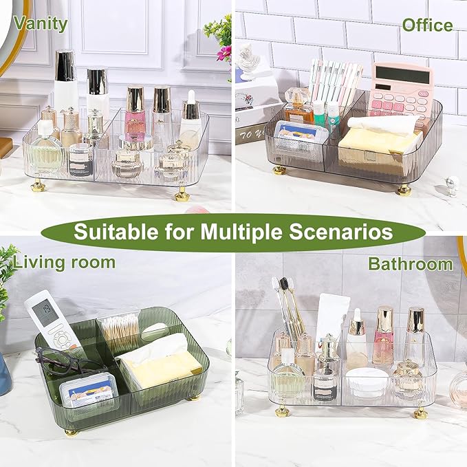 DASITON Makeup Organizer Countertop for Vanity, 5 Slots Makeup Brush Holder Organizer, Vintage Makeup Perfume Tray Cosmetic and Skincare Organizers for Bedroom Bathroom Counter, Desk Storage (Green)