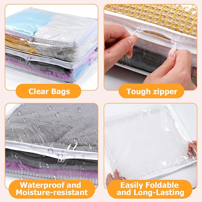 6 Packs Clear Zippered Storage Bags, Sweater Storage Bags with Zipper, Plastic PVC Sweater Sheet Organizer for Clothing Blankets Closet Bed Sheet Pillow(15.74 x 13.78 x 3.74 in)