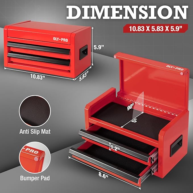 Mini Toolbox with 2 Drawers and Top Storage, Durable Steel Construction with Ball-Bearing Slides, Multi-Purpose Portable Tool Boxes Case Organizer for Garage, Red