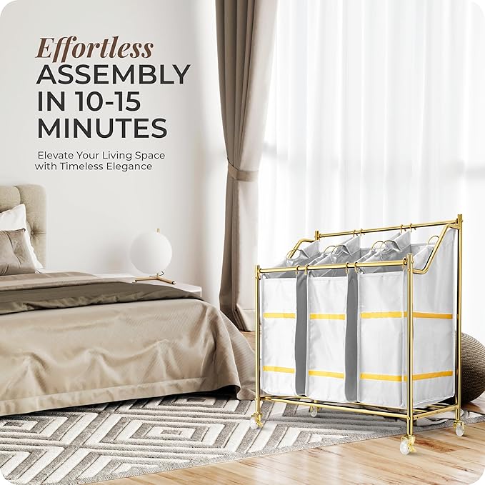 LUXURY STYLE 3- Sections Laundry Sorter, Roling Laundry Cart, Modern Golden Hamper, 3-Bags Organizer with Wheels, Laundry Basket, XL Hamper for Clothes, Toys, and Towels (Classic White)