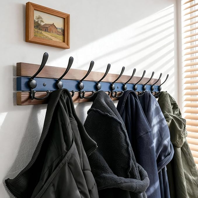 SKOLOO Rustic Wall Mounted Coat Rack - 38-1/8" Long Coat Hooks for Wall with 10 Triple Hooks for Hanging Coats, Hats or Tools, Western National Parks Collection, Wood Brown & Blue