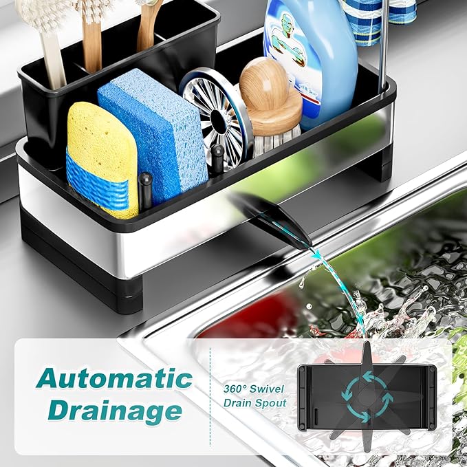 Stainless Steel Sink Caddy, Sponge Holder for Kitchen Sink with Brush Holder & Dishcloth Rack, Rustproof Sink Organizer Countertop, Soap Dispenser Kitchen Organizers Storage Essentials, Black
