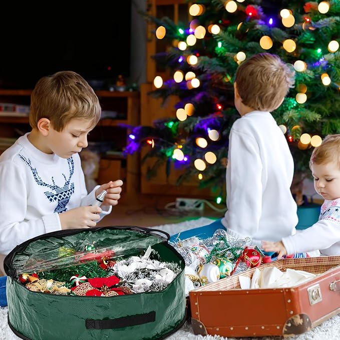 4 Pcs Christmas Wreath Storage Bag, Christmas Garland Storage Container with Clear Window, Zipper & Handle for Xmas Holiday Seasonal Wreath Garland Box(Green,24")