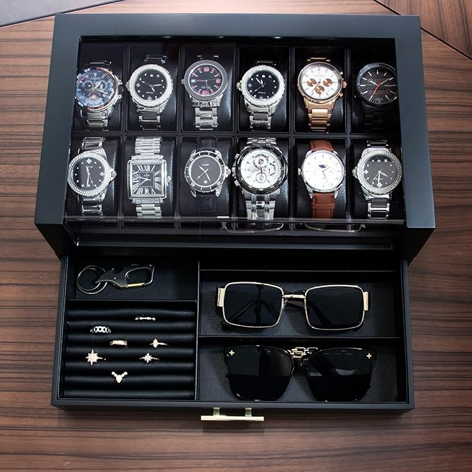 High End Watch Box for Men, 12 Slot Wooden Watch Case With Drawer, Watch Display Box with Glass Lid, 2-Layer Watch Holder for Jewelry and Watch Storage for Men Women , Ideal for Gift (With Gift Box)