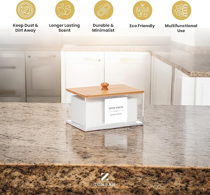 Dryer Sheet Holder with 30 waterproof Labels, Acrylic made tissue box holder, Acrylic Container Storage Box for Laundry Room Organization, Holds Sheets, Balls, Clothes Pins, Laundry Pods