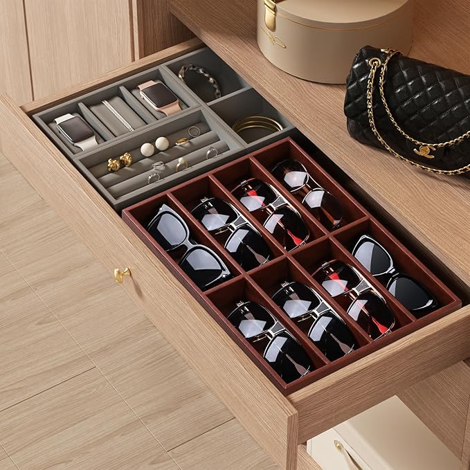 Sunglass Organizer Tray, PU Leather Sunglasses Organizer with 8 Grids for Drawer, Stackable Sunglass Holder Storage