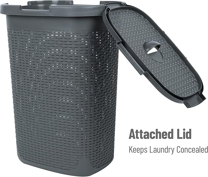 Mind Reader Slim Laundry Hamper with Lid, 60L Clothes Basket, Premium Wicker Design, Plastic, Gray