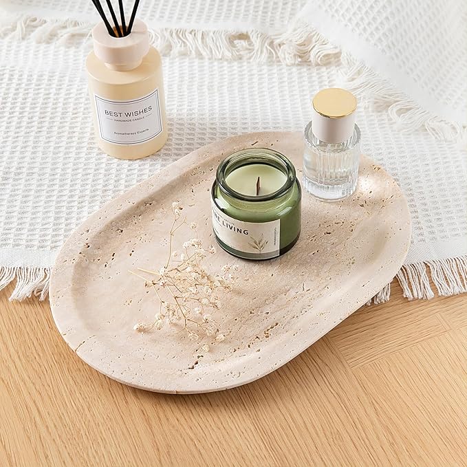 Natural Marble Decorative Tray Bathroom Counter Perfume Organizer Vanity Tray for Home Decor, Jewelry Candle, Coffee Table, Soap Holder Dresser Countertop Accessories 8"x11" Travertine