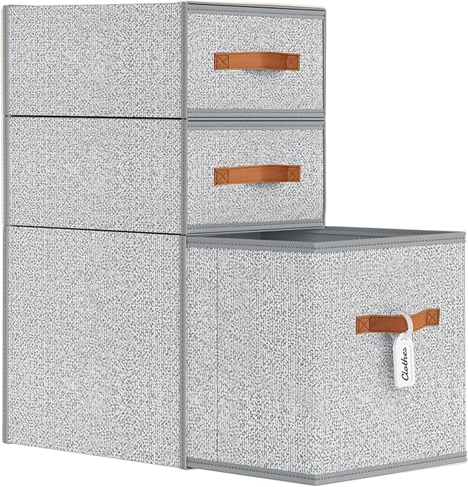 DIMJ Closet Organizers and Storage - Fabric Storage Bins with Drawers Stackable Closet Bins with Labels for Clothes, Sweaters, Bedding, Collapsible Storage Cubes for Bedroom, Living Room, Shelf