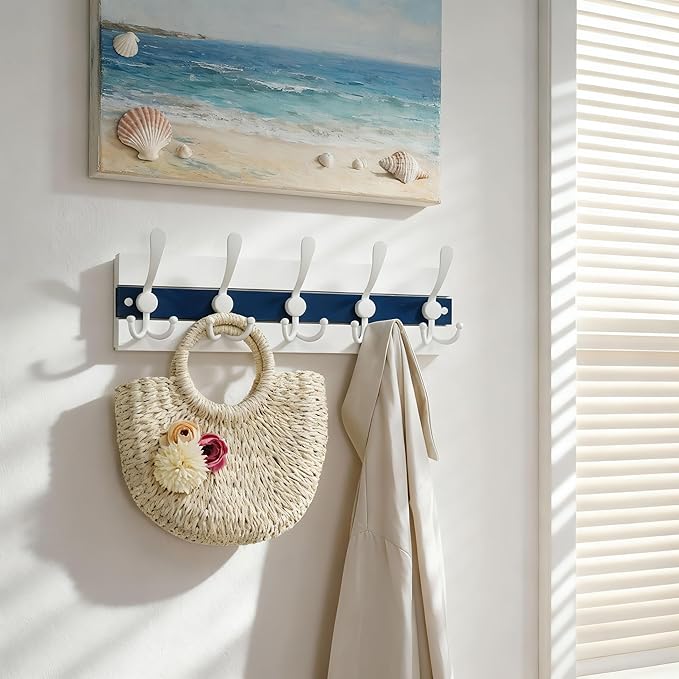 SKOLOO Coastal Wall Mounted Coat Rack - 16-7/8" Beach House Entryway Wooden Coat Hook with 5 Hooks for Hanging Coats, Hats or Towels, Oceanfront Cottage Core Collection, White & Blue
