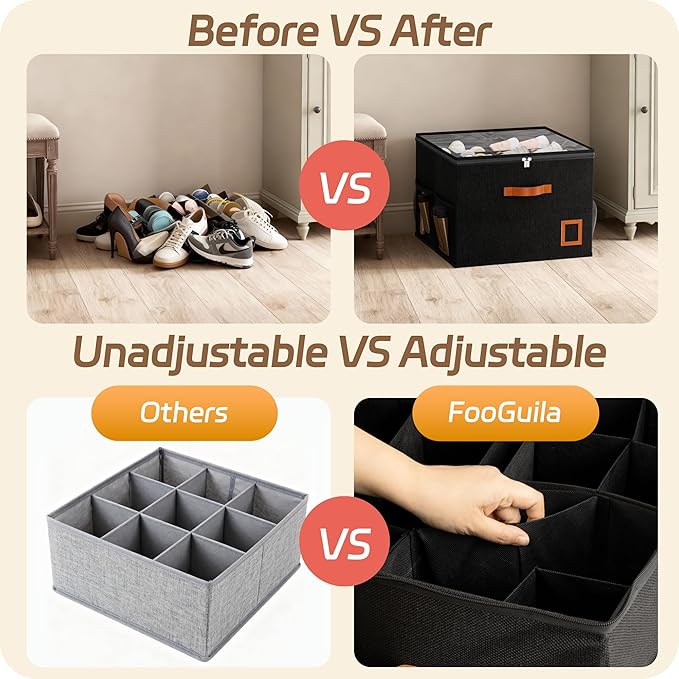 Shoe Organizer for Closet, 1 Pack Foldable Shoe Storage Organizer Box with Adjustable Dividers and Clear Cover, Space Saving Shoe Box with Reinforced Handles, Fits 8-16 Pairs, Black