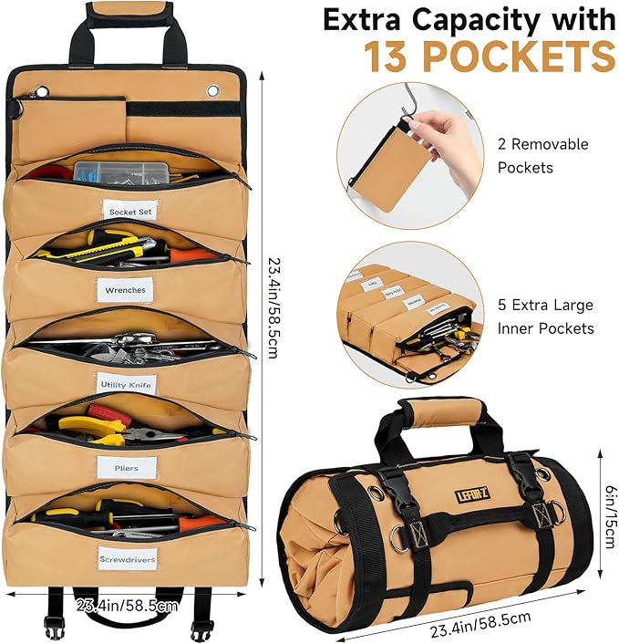 Tool Bag,Large Roll Up Tool Bag Organizer,13 Pockets Tool Roll Storage Pouch,Heavy Duty Portable Tool Storage Carrier Bag for Men,Mechanic,Electrician & Hobbyist