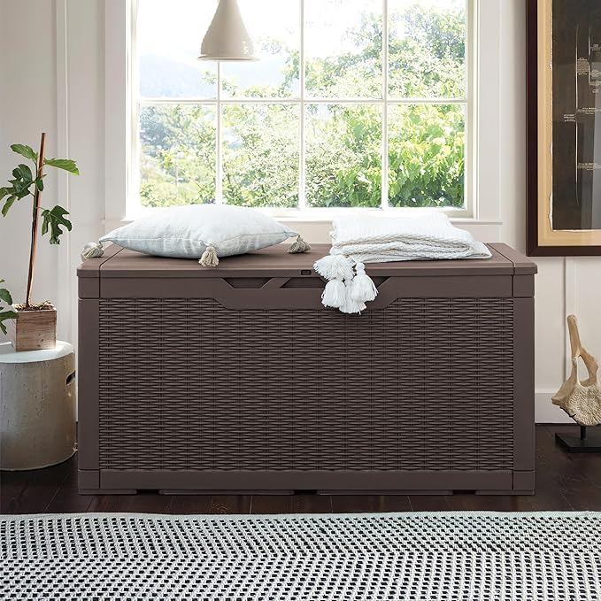 Homall 100 Gallon Deck Box Large Resin Waterproof Outdoor Storage Box with Padlock and Built-in Handles Storage Container for Cushions, Toys and Garden Tools (Deep Brown)