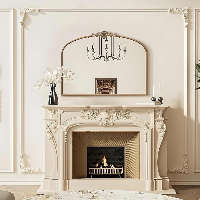 Besdomus Vintage Arched Gold Mirror: 40"x29" Large Matt Gold Antique Wall Mounted Mirror - Baroque Traditional Ornate for Entryway/Fireplace/Bathroom/Hallway - Home Decor for Fashion-Conscious