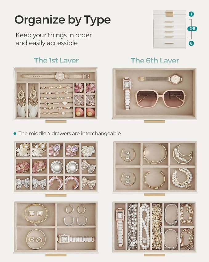 SONGMICS Jewelry Box Organizer with Glass Lid, 6-Layer Jewelry Storage, with 5 Drawers, Modern Style, 6.4 x 9.9 x 11.4 Inches, Cloud White and Gold Color UJBC171W01