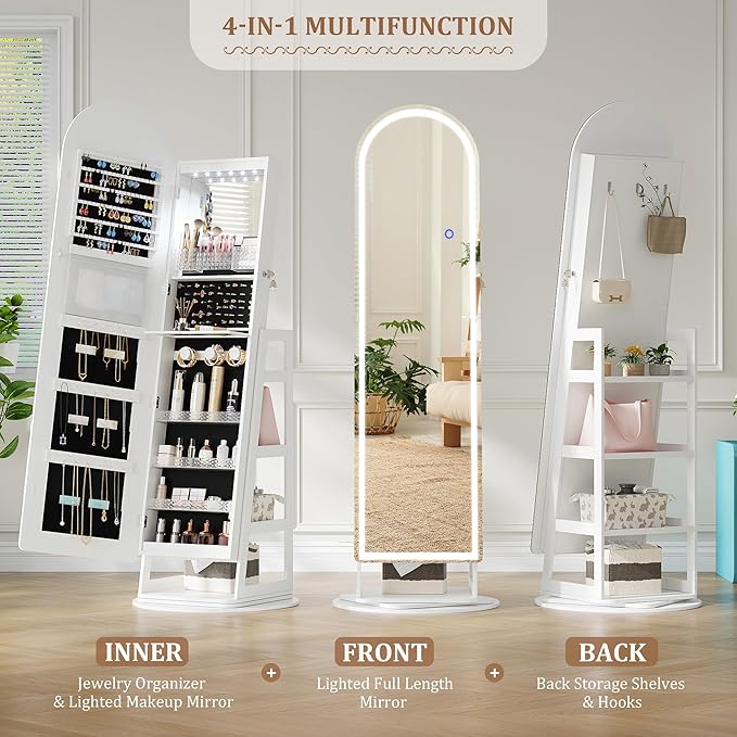 LVSOMT LED Mirror Jewelry Cabinet Standing, Lockable Jewelry Armoire with Arched Full-Length Mirror and Adjustable LED Lights, Space-Saving Jewelry Organizer with Mirror(White)