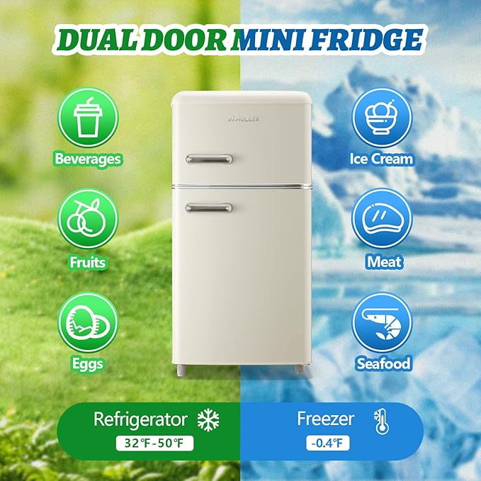 Small Refrigerator with Top Freezer 100Liter Retro Mini Fridge with Adjustable Glass Shelving, 7 Temperature Control and LED Lighting, Retro Off White