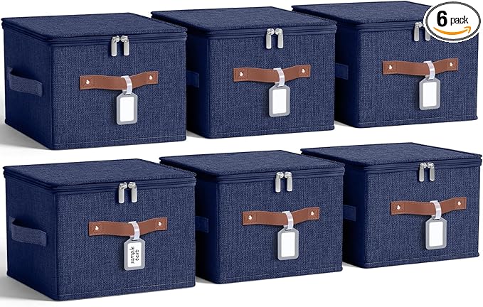 6 Pack Fabric Closet Storage Bins with Zipper Lids and Label, 10×8×7In Large Size Foldable Cotton Linen Storage Cubes Boxes with PU Leather Handles Holders for Bedroom, Nursery, Dark Blue