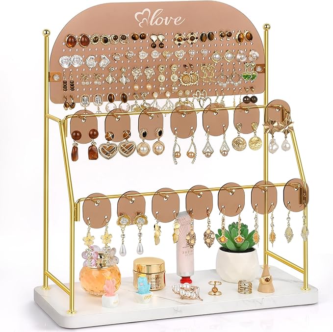 Keebofly Acrylic Earring Organizer Stand with 14 Hooks, Cute Girly Earring Holder for Girls/Teens/Kids – Jewelry Display for Vendors, Vanity Desk Stores Studs/Hoops/Dangles/Necklaces/Bracelets Glod