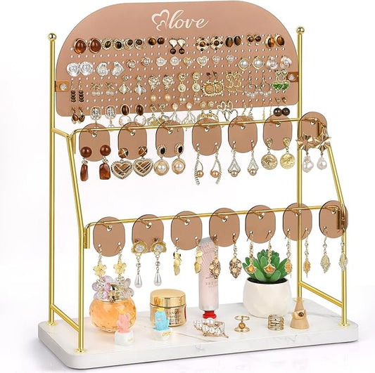 Keebofly Acrylic Earring Organizer Stand with 14 Hooks, Cute Girly Earring Holder for Girls/Teens/Kids – Jewelry Display for Vendors, Vanity Desk Stores Studs/Hoops/Dangles/Necklaces/Bracelets Glod
