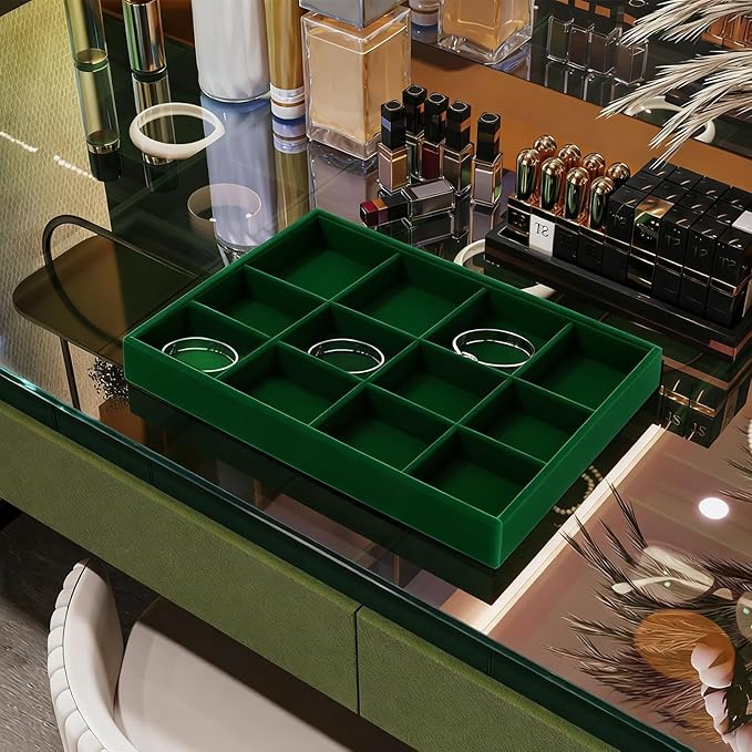 12 Grids Velvet Jewelry Tray Bracelet Trays Bangle Holder for Bracelet Bangle Earring Ring Display Storage (Green)
