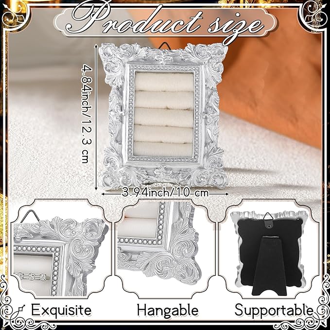 Vintage Ring Holder Rectangle Sliver Ring Display Stand Frame Earring Display Tray Anniversary Engagement Baroque Wedding Jewelry Organizer Photograph Prop for Women Christmas Gift
