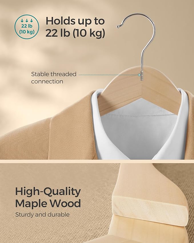 SONGMICS Wooden Hangers, Pack of 24, Coat Hangers, Non-Slip, Pants Bar, 360° Swivel Hooks, for Jackets, Shirts, Coats, Natural Wood UCRW010N24