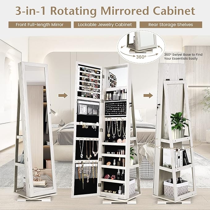 360° Swivel LED Mirror Jewelry Cabinet with Full Length Mirror, Lockable Floor Standing Mirrored Jewelry Armoire Organizer w/Inside Makeup Mirror & Back Storage Shelves (Grayish White)