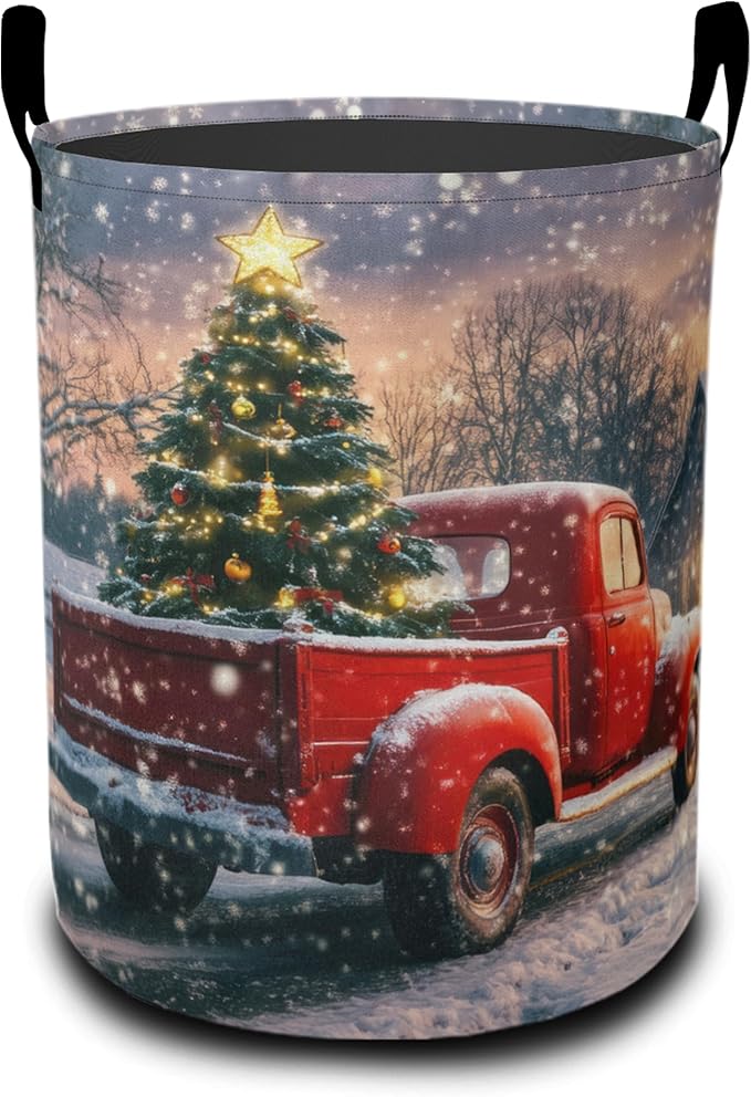 Christmas Laundry Basket, Retro Truck Tree Oxford Cloth Laundry Hamper With Handle Foldable Portable Clothes Storage Basket Storage Bag For Laundry Room/Bathroom/Bedroom/Dormitories