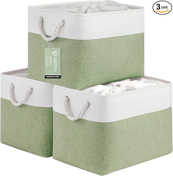 Large Storage Baskets- 16x12x12 inch Storage Bins for Shelves and Closet Organizing, Foldable Fabric Bin for Home Organization Clothes and Laundry (3-Pack, White&Green)