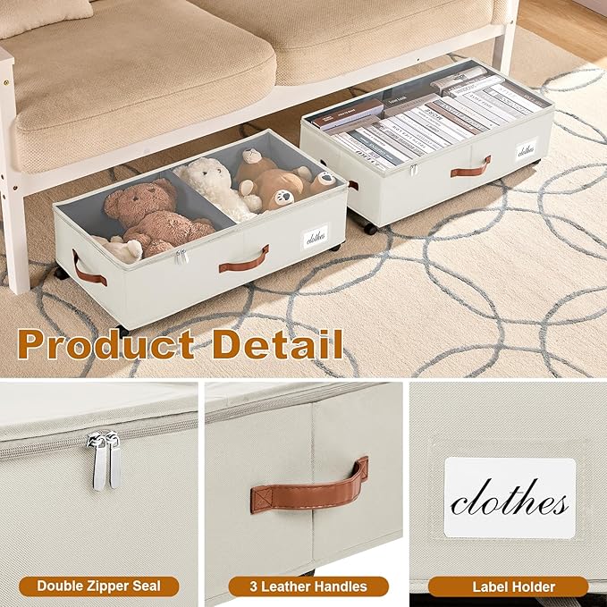 Under Bed Storage Containers with Wheels 9.5 inches Higher Under Bed Storage XXXL Underbed Shoes Blankets Clothes Storage Organizer 2 Pack Under the Bed Storage for College Dorms Bedroom Nursery Rooms