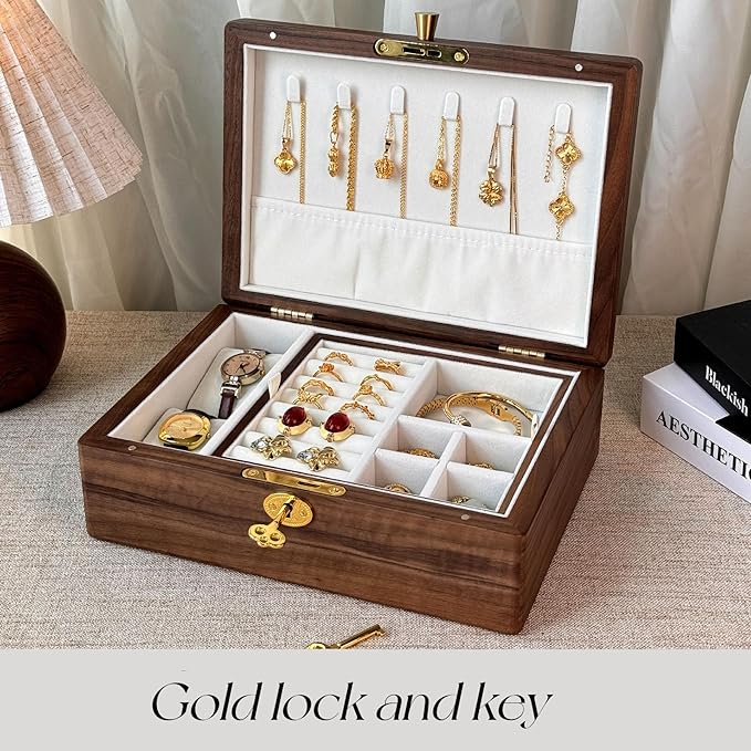 Bescott 2 Layer Solid Black Walnut Wooden Jewelry Box with Lock and Key for Women Wood Vintage Organizer for Men Earrings Rings Necklaces Bracelet Watch Storage Mother's Day Gift