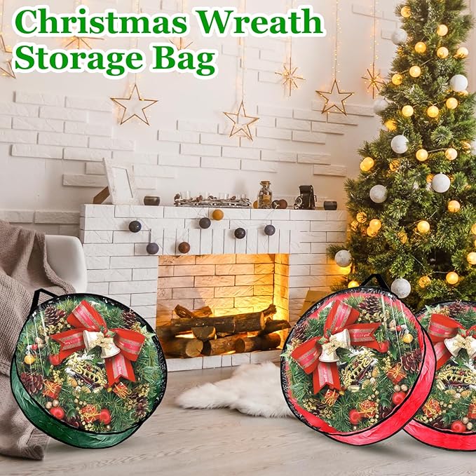 6 Pcs Christmas Wreath Storage Bag, 24" Dia Round Wreath Storage Container with Clear Window, Tear Resistant Wreath Boxes for Christmas Holiday Seasonal Storage (Red×3 ＆ Green×3)