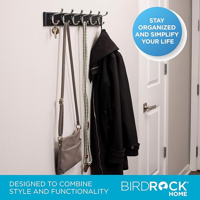 BIRDROCK HOME Oval Hook Coat and Hat Rack | 6 Hooks | 2 Pack | Wall Mount | Black Finish | Satin Nickel Hooks